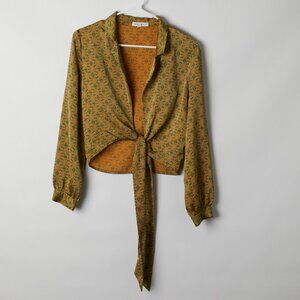 Honey Punch Green & Gold Womens Paisley Tied Waist Blouse, S